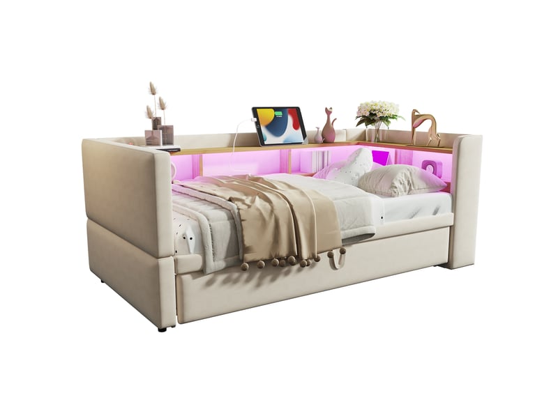  Lit canapé capitonné 90180*190cm, couchage extractible, éclairage led, prises et compartiments, flanelle beige  - Conforama A