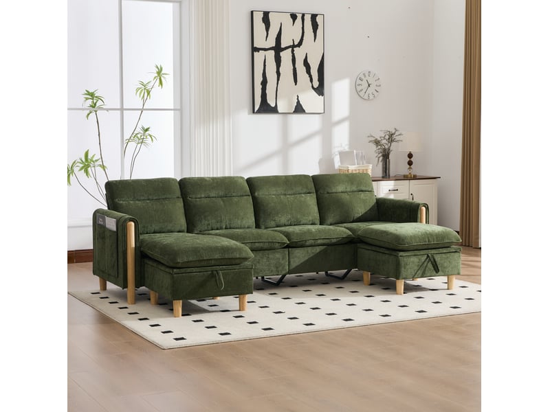  Canapé modulable modenvie 4 places en chenille vert avec 2 poufs de rangement 261 x 77 x 86 cm  - Conforama B