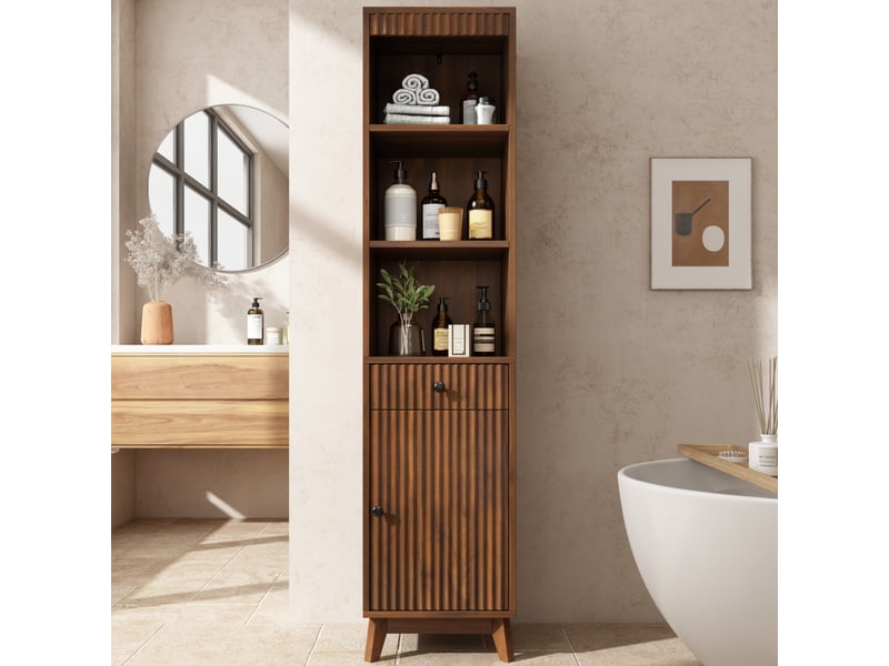  Meuble de salle de bain - 40x36x172cm - meuble haut cannelé avec porte réversible, tiroir &amp; 3 niches - noyer  - Conforama B