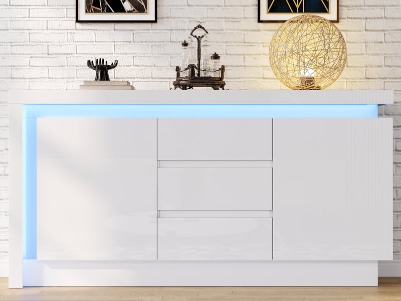  Buffet, trois portes, deux tiroirs, table d'appoint avec étagères réglables, éclairage led, buffet de canapé brillant, blanc  - Conforama B