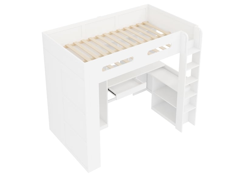  Lit mezzanine 90x200 cm, lit enfant, tiroirs, bureau, armoire, étagères, bois blanc, led  - Conforama B