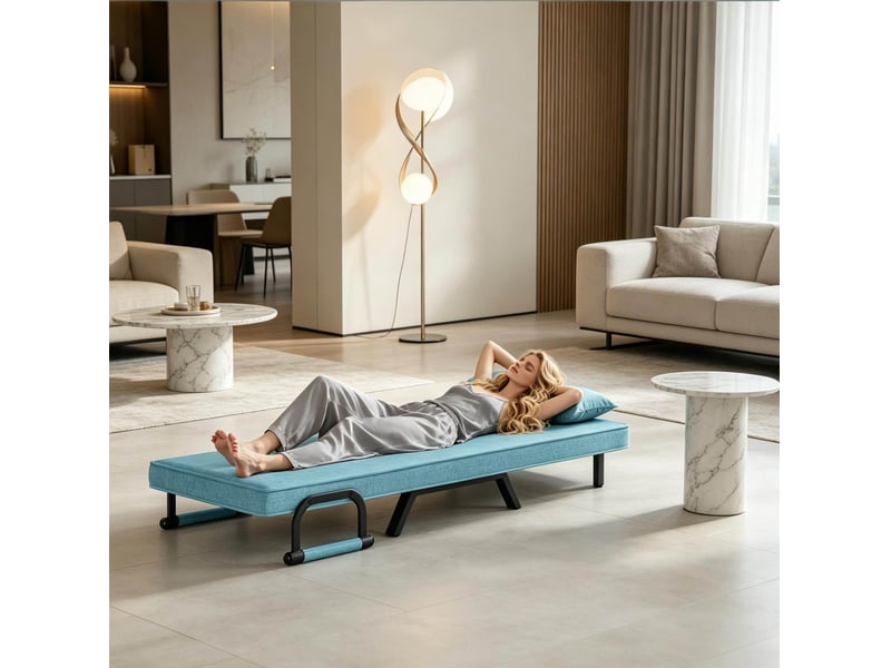  Fauteuil convertible pliable avec dossier réglable sur cinq positions et coussin amovible en tissu bleu  - Conforama D