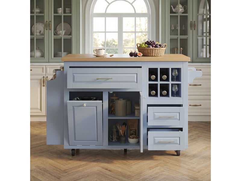  Îlot de cuisine sur roulettes bleu avec plateau rabattable, desserte de cuisine bleue avec panier à vin et espace poubelle, 143x75x91cm  - Conforama E
