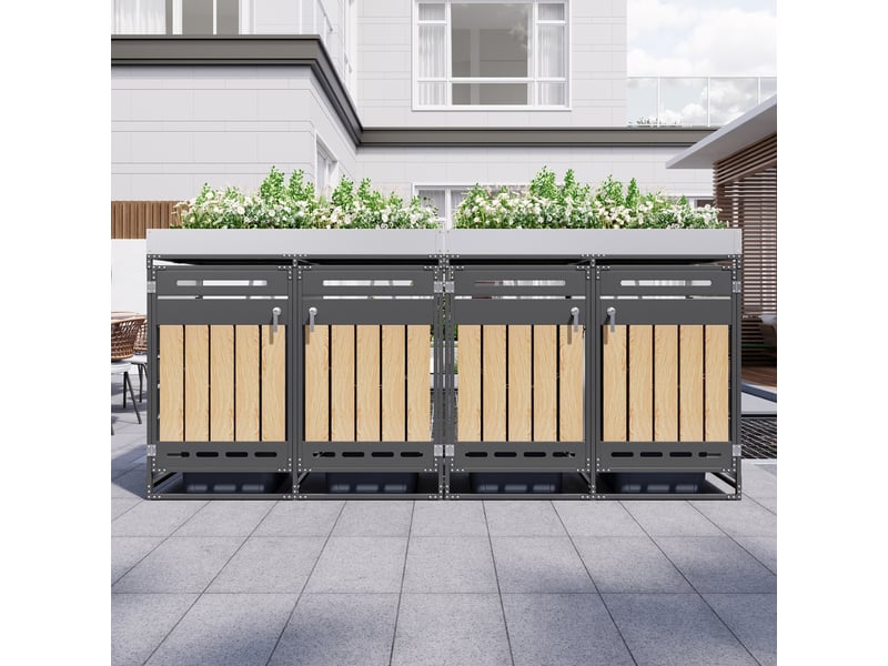  Cache-poubelles 4 compartiments avec bac à plantes, modèle bois vertical, métal noir  - Conforama B