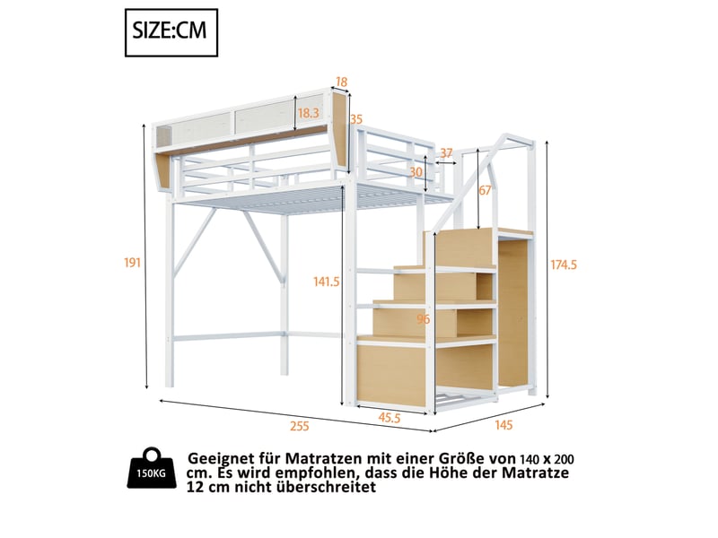  Lit mezzanine 140x200 cm avec échelle de sécurité et rangement modulable blanc  - Conforama C