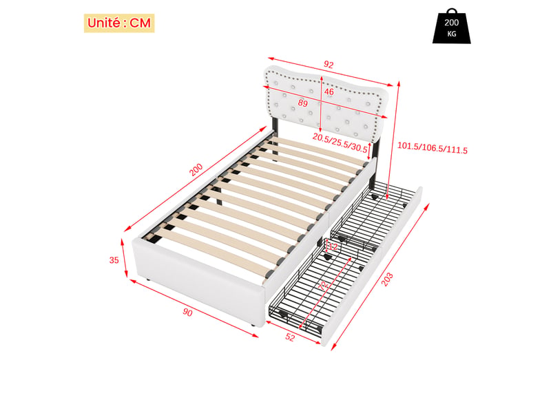  Lit avec tiroirs simple 90 x 200 cm en tissu beige clair avec 2 tiroirs et tête de lit réglable  - Conforama D