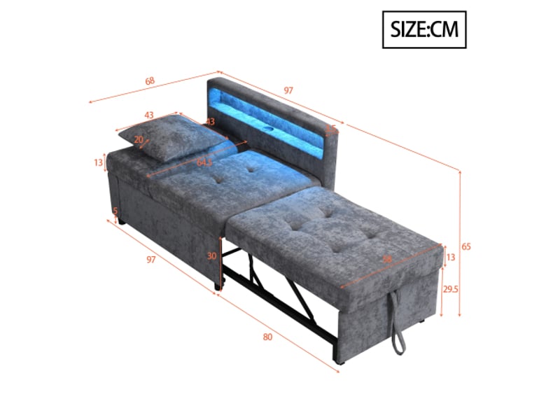  Canapé convertible 3 en 1 gris clair tissu lin avec led usb type-c dossier réglable et rangement tiroir intégré  - Conforama C