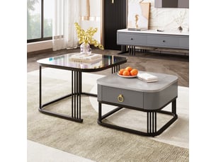 Tables basses gigognes avec 2 tiroirs, plateau effet marbre et verre, en mdf, noir et gris - uvrion