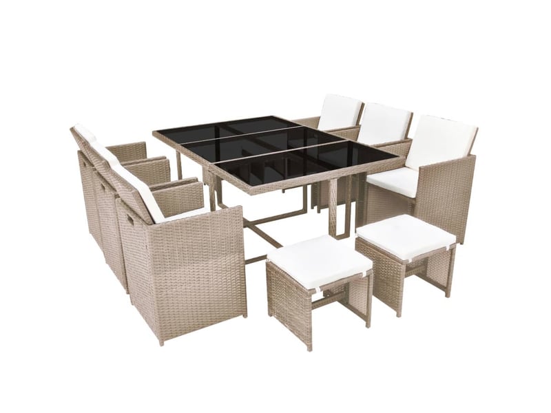  Salon de jardin meuble d'extérieur ensemble de mobilier encastrable avec coussins 11 pièces rotin beige 02_0018332  - Conforama A