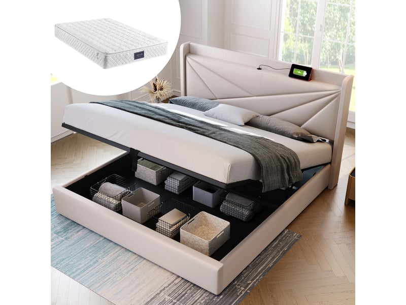  Lit capitonné 160x200 avec rangement de tête, usb type-c, coffre et matelas inclus, beige  - Conforama C