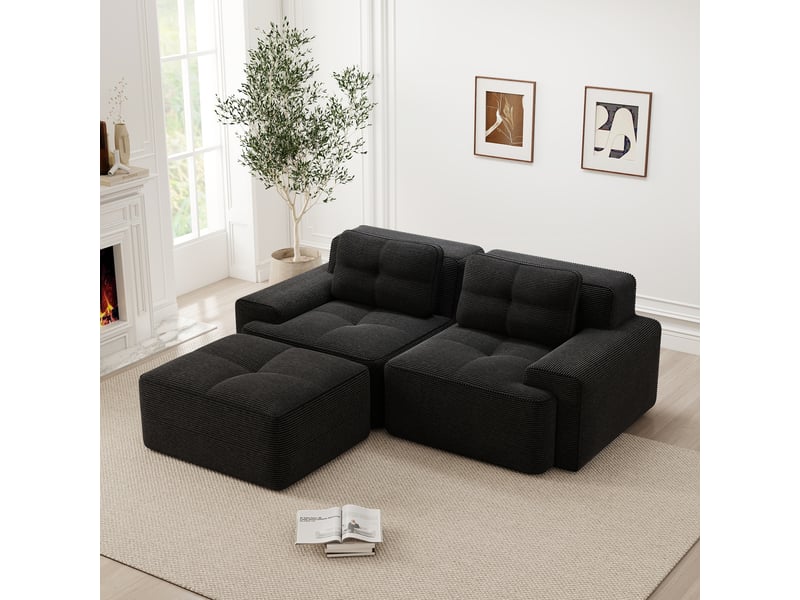  Canapé d'angle, canapé convertible – 2 places, sans cadre, en velours tricoté, assise profonde, avec pouf, noir  - Conforama A