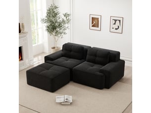 Canapé d'angle 2 places, transformable en lit, avec pouf, en velours côtelé, coloris noir, l204 x p177 x h69 cm, pour salon