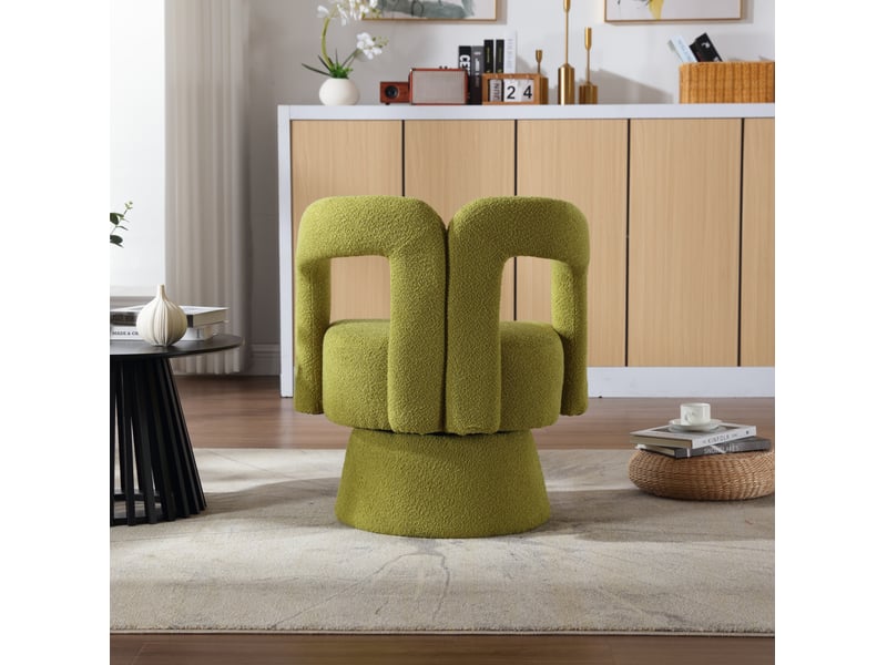 Fauteuil pivotant à 360 degrés, dossier enveloppant et accoudoirs arrondis, en tissu bouclé vert olive - Conforama C