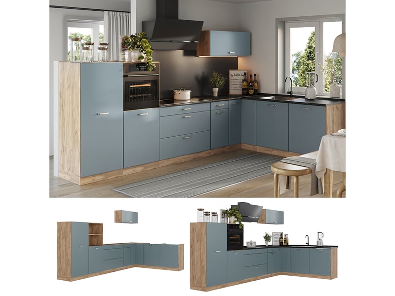  Vicco cuisine en angle, bleu-grischêne doré, 347 x cm sans plan de travail  - Conforama D
