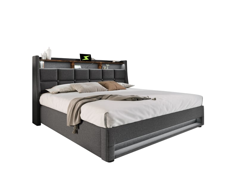  Modenvie lit coffre 180x200 cm - avec led, ports usb et rangement intégré, sans matelas - gris  - Conforama A