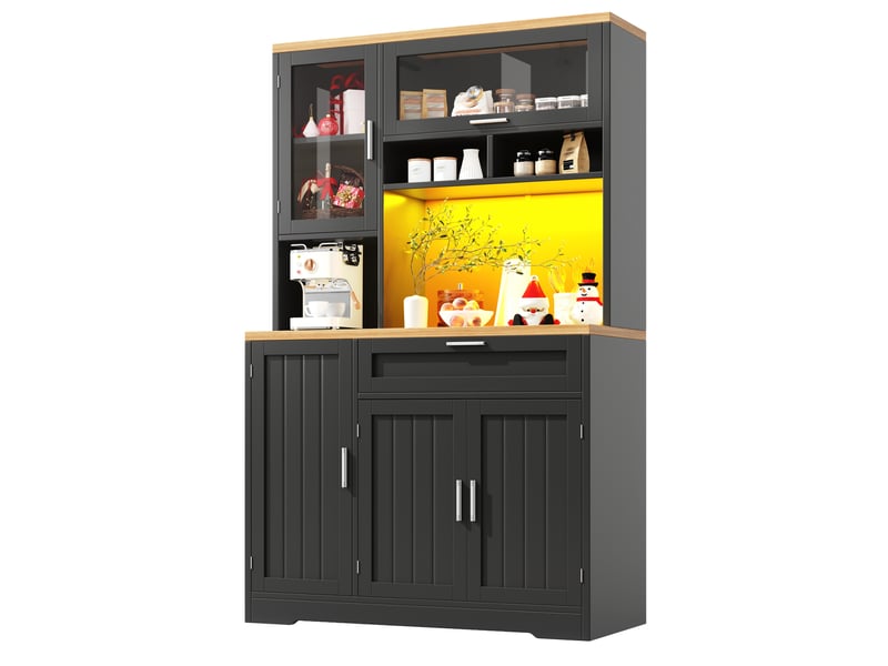  Meuble de rangement haut 104x40x180 cm, armoire de rangement, tiroir, portes, luminaire led, pour cuisine, salon, mdf+métal, noir  - Conforama A