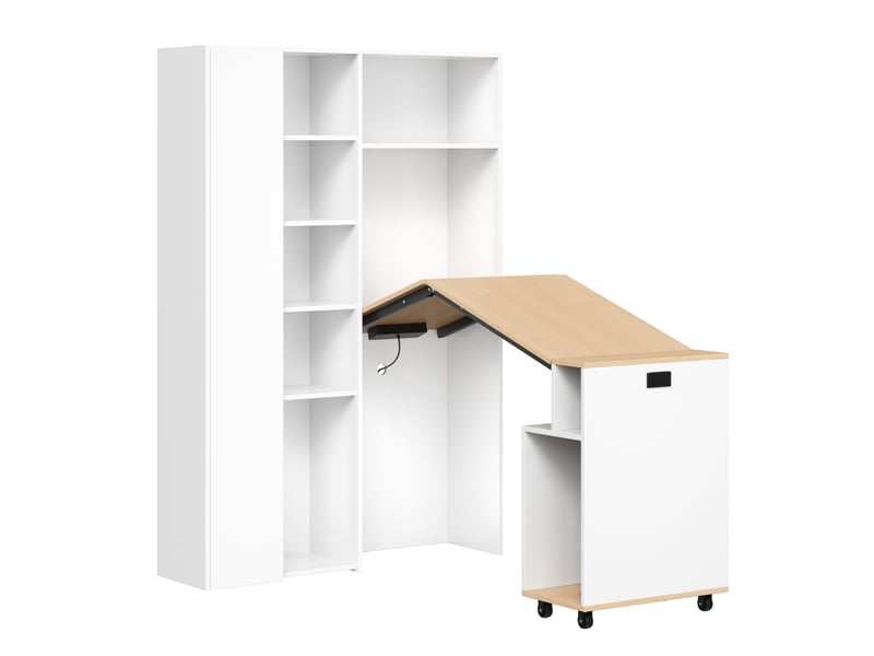 Bureau pliable avec étagère, bureau bibliothèque 2 en 1 blanc avec prise et usb, gain de place pour télétravail, 104x160cm - Conforama A