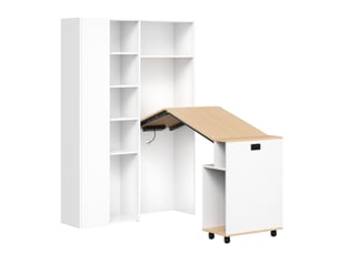 Bureau pliable avec étagère, bureau bibliothèque 2 en 1 blanc avec prise et usb, gain de place pour télétravail, 104x160cm