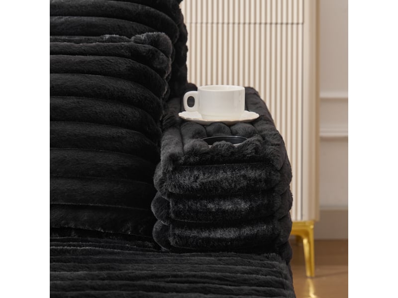  Canapé noir en fausse fourrure 135x128x86 cm avec porte-gobelets intégrés et dossier segmenté  - Conforama E