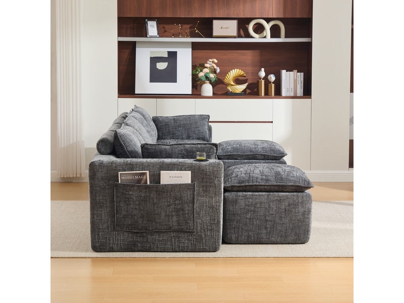 Canapé d'angle modulaire 4 places avec 2 poufs coussins porte-gobelets et poches latérales en tissu chenille gris rembourrage mousse et ressorts - Conforama E