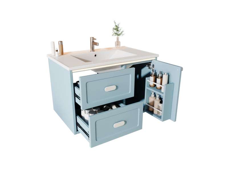  Meuble vasque suspendu 76x46x51 cm avec led à capteur radar, meuble de salle de bain, 2 tiroirs et 1 porte, mdf, bleu  - Conforama A