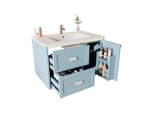 Meuble vasque suspendu 76x46x51 cm avec led à capteur radar, meuble de salle de bain, 2 tiroirs et 1 porte, mdf, bleu