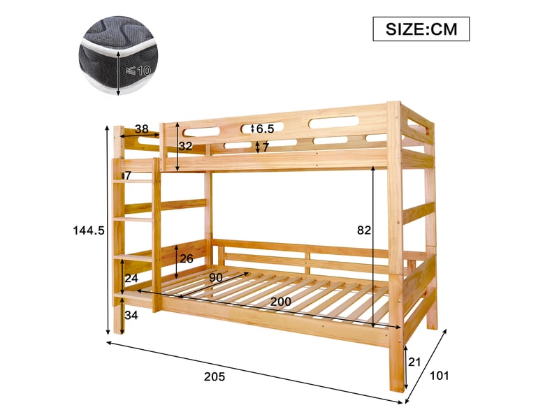 Lit superposé enfant 90x200 cm - lit double séparable, lit ado modulable et facile à assembler - couleur naturel, sans matelas - Conforama C