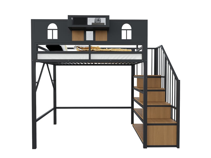 Lit mezzanine 90x200 cm avec rangement et led - lit enfant avec échelle de rangement et barrières de sécurité - métal noir - Conforama A
