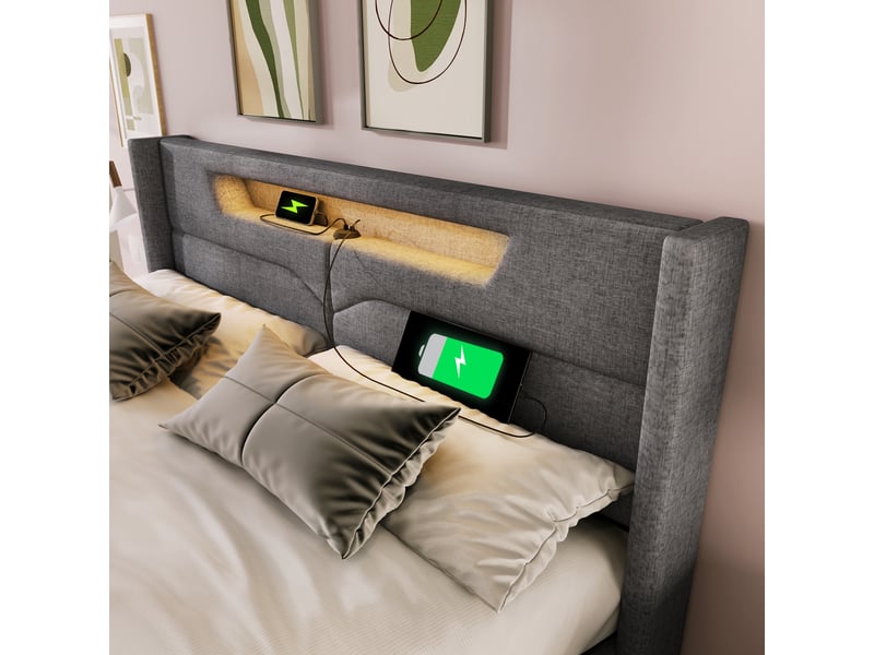  Lit coffre,160x200 cm,avec led et ports usb type-c,lin,gris  - Conforama E