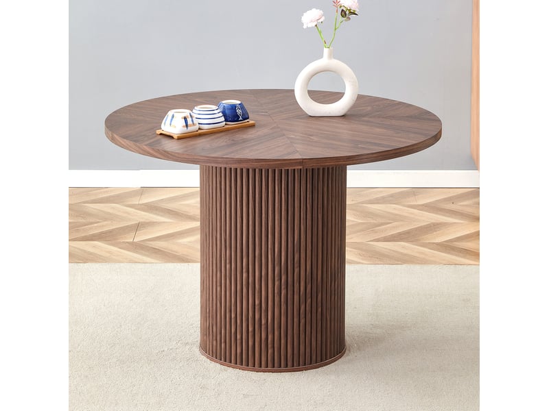  Table de salle à manger pour 4 à 6 personnes avec plateau à 4 segments et pieds cylindriques, en mdf, noyer, diamètre 100 cm  - Conforama C
