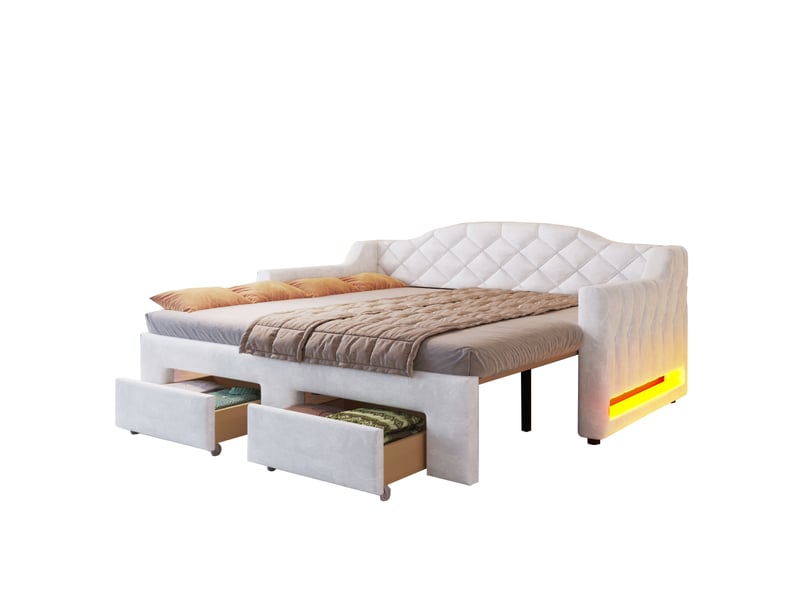  Lit extensible 90x200 extensible 180x200 cm en velours blanc, 2 tiroirs et led  - Conforama A