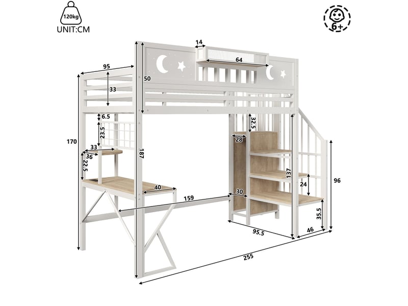  Lit enfant 90 x 200 cm cadre en fer panneau perforé plusieurs étagères bureau intégré prise usb garde-corps de sécurité éclairage led pieds en forme de k finition blanche  - Conforama C