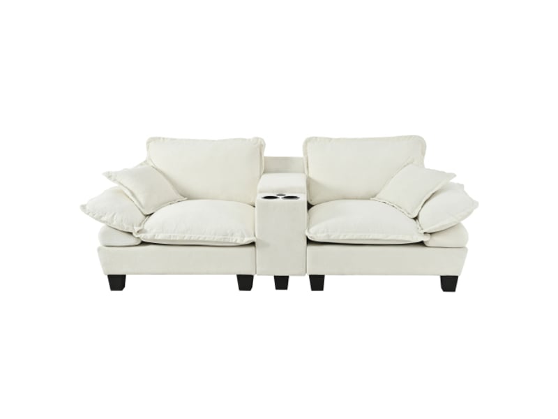  Canapé droit modulable, rangements, porte-gobelets, 2 coussins et mousse haute densité, 224 × 82 × 90 cm, beige  - Conforama A
