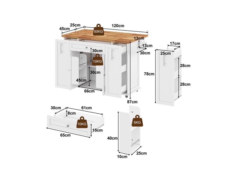 Îlot de cuisine roulant extensible 120 x 4570 x 89 cm avec plateau rabattable, rangement + 3 tiroirs, mdf, blanc et bois - Conforama C
