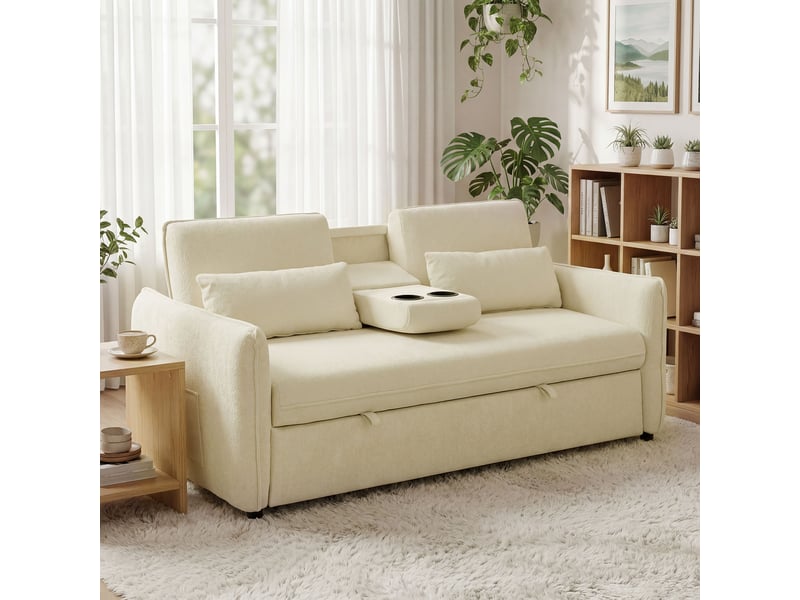  Canapé convertible 2 places 3 en 1, canapé-lit clic clac en chenille avec dossier réglable, beige, porte-gobelets  - Conforama D