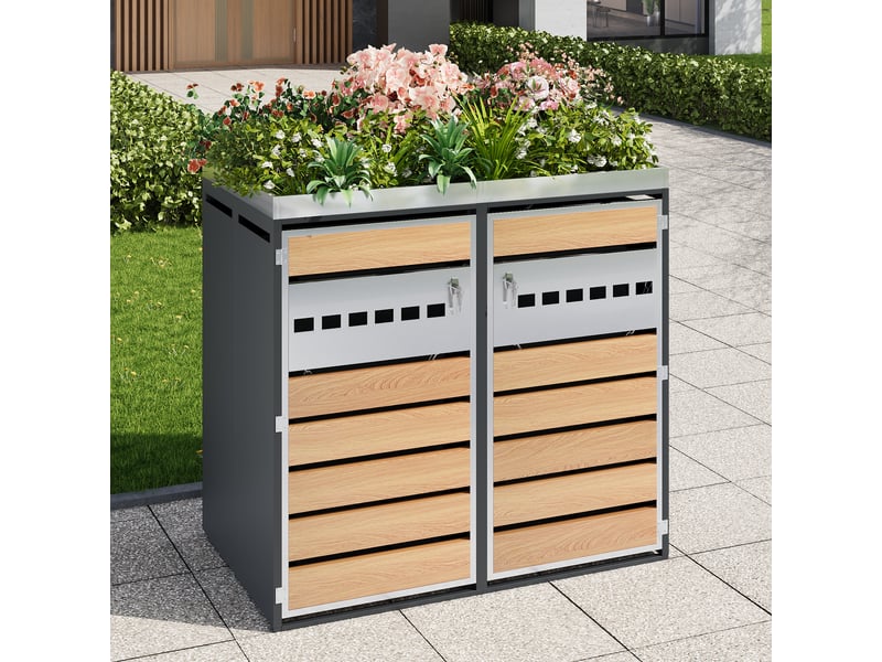  Placard à poubelles avec jardinière - verrouillable - deux portes - surface de plantation - ventilation optimale 132x80x124.5cm - Conforama E