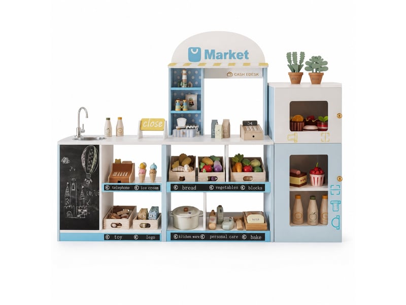  Jeu de marchande enfant 155x30x107,5 cm avec tableau noir mdf bleu  - Conforama A
