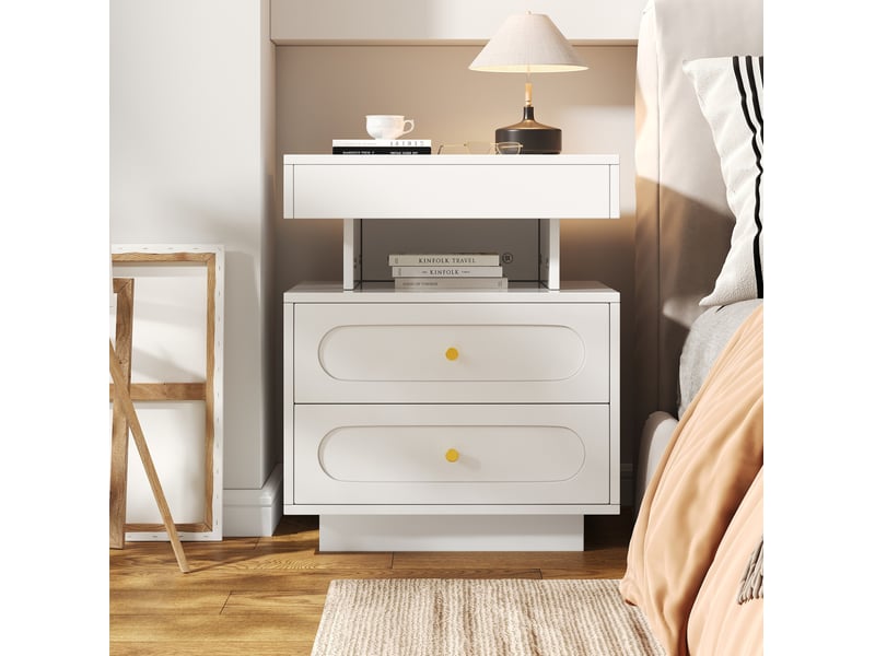  Chevet 50x40x60 cm, 2 tiroirs, led, design élégant et moderne, meuble chambre, rangement, panneau de particules, blanc  - Conforama E