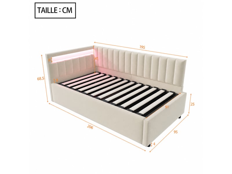  Lit banquette en velours, lit simple avec coffre hydraulique, led et dossier réversible, 200×90 cm, sans matelas  - Conforama D