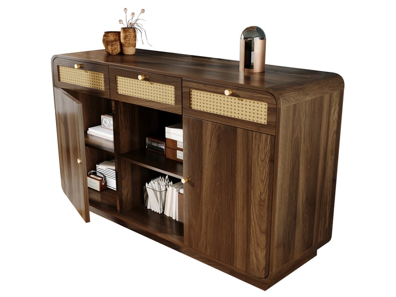  Buffet bas noyer 120 x 40 x 85 cm avec 3 tiroirs, 2 placards et étagère ouverte  - Conforama A