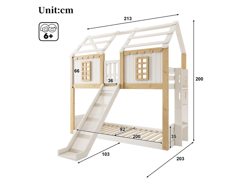  Lit superposé cabane enfant 90x200 cm, lit en bois, toboggan, échelle réversible, garde-corps, sommier (sans matelas), blanc et bois naturel CozyNest - Conforama C