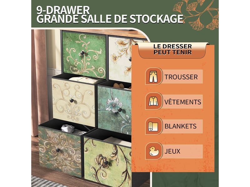  Commode à 6 tiroirs - 67,5x30x86,5 cm - meuble de rangement en tissu motif rétro impression florale, cadre métal - multicolor  - Conforama D