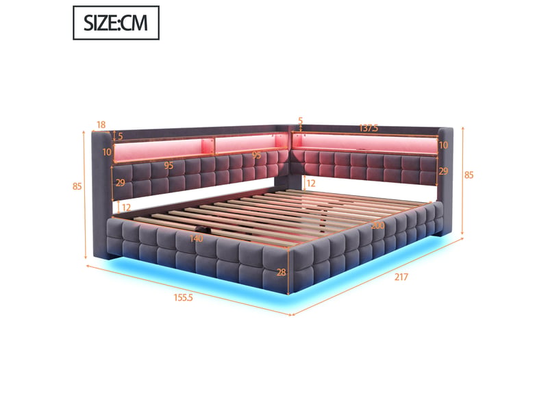 Lit coffre hydraulique 140x200 cm avec étagères, led et prises usb-c, velours gris foncé, sans matelas - Conforama C