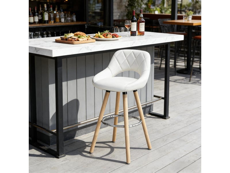  Tabouret de bar ergonomique 43x40x96cm - assise rembourrée en tissu effet cuir - pieds en bois massif avec repose-pieds - blanc  - Conforama E