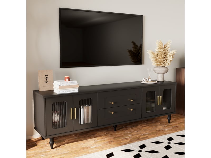 Meuble tv 175 cm rétro chic - verre avec dorures, pieds bois massif - Conforama D