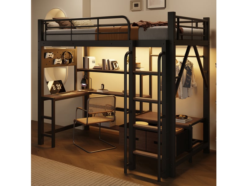Lit mezzanine 90x200 cm avec bureau et led, tiroirs et rangements, coloris noir - Conforama B