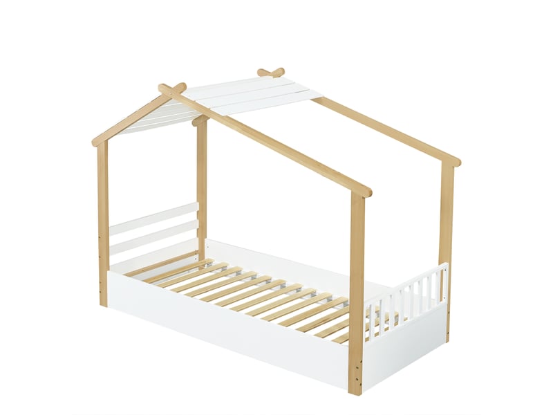  Lit cabane avec toit ouvert et barrières latérales - 90x200cm - cadre en pin et panneaux, sommier à lattes - avec sommier à lattes - blanc et naturel  - Conforama A