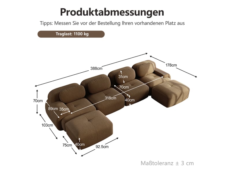  Canapé d'angle modulable 6 places en velours côtelé marron, sans montage, 388x178x70 cm  - Conforama C
