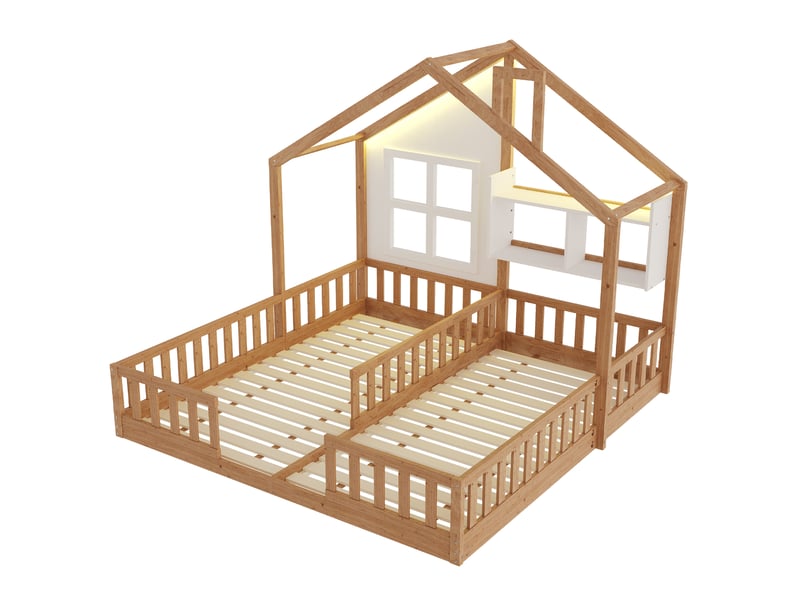  Lit cabane enfant à 2 couchages 90x200 cm avec led et barrières, coloris bois naturel  - Conforama A