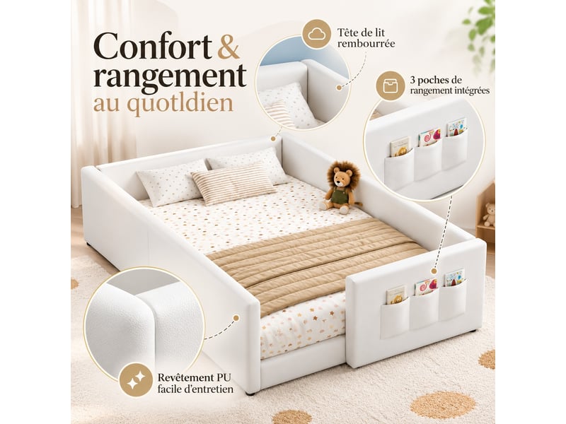  Lit enfant rembourré 140 x 200 cm avec sommier à lattes, côtés matelassés, lit d'appoint pour chambre, blanc  - Conforama E